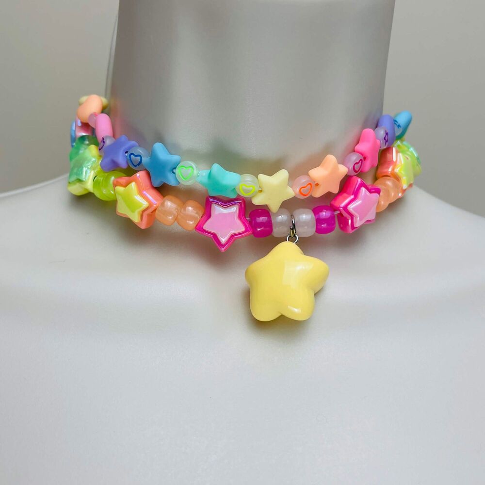 Rave glow Star 4pc choker double bracelet earrings (kandi Rainbow Brite)